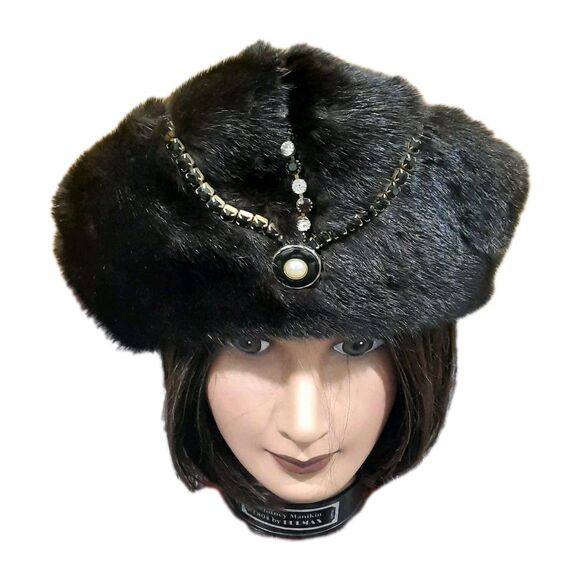 RARE Vintage 1960s Women Brown Mink Fur Pillbox Beret Jeweled Hat Luxury Winter main image 5